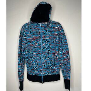 Limoland Blue Red White Face Print Long Sleeve Front Zip Hoodie